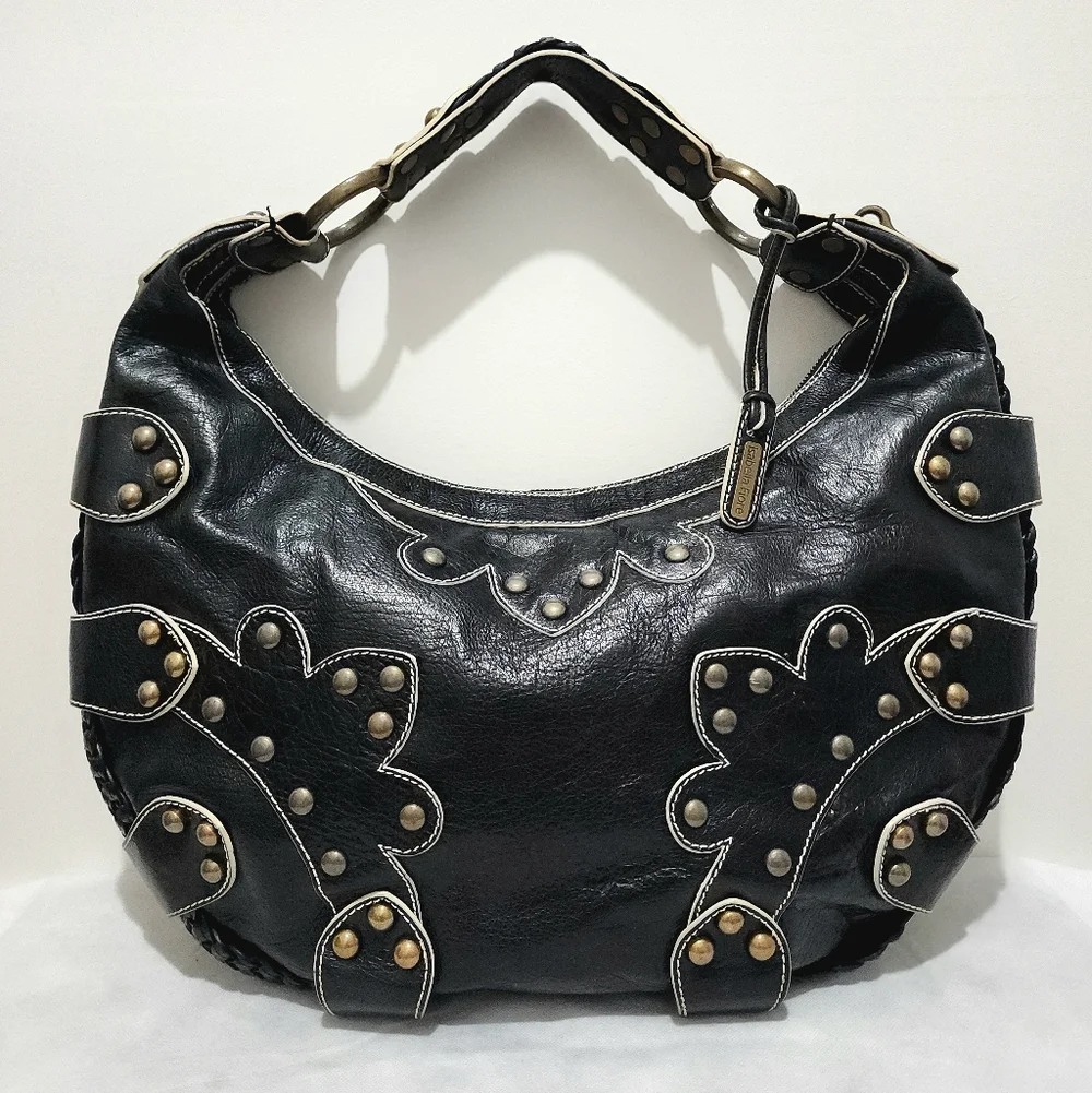 Isabella Fiore Black Leather Studded Braided Hobo Shoulder Bag Boho Western Chic - Picture 1 of 15